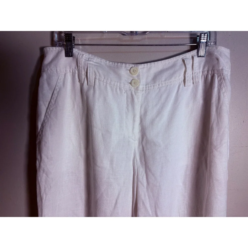 Michael Kors Linen Pants‎ Women 12 White Excellent Wide Leg Cuffed Trouser